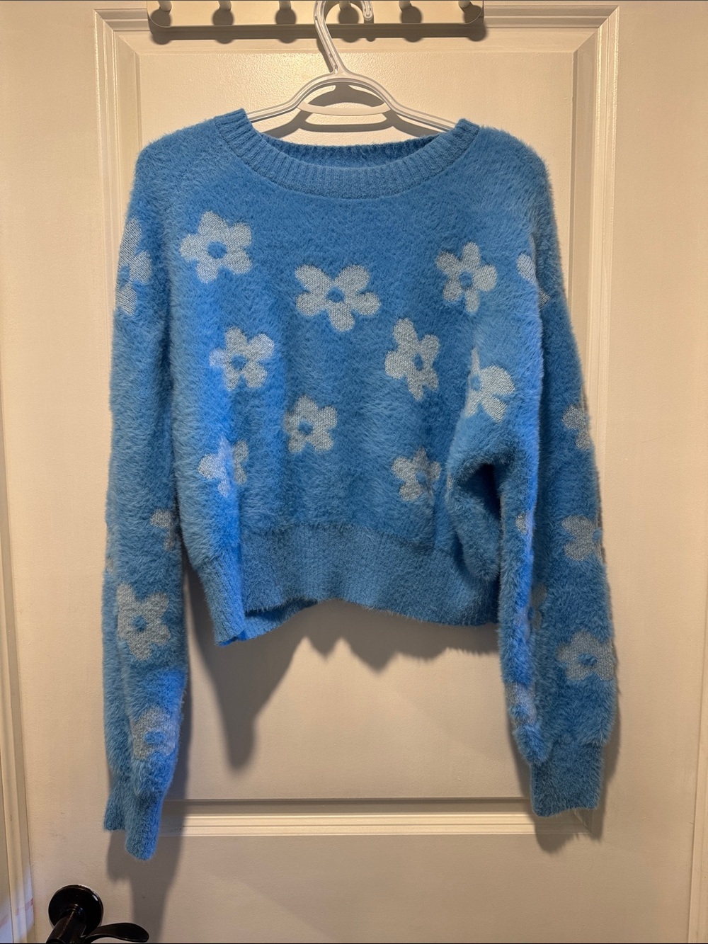 Jessica Simpson Blue Fuzzy Floral Crewneck Sweater